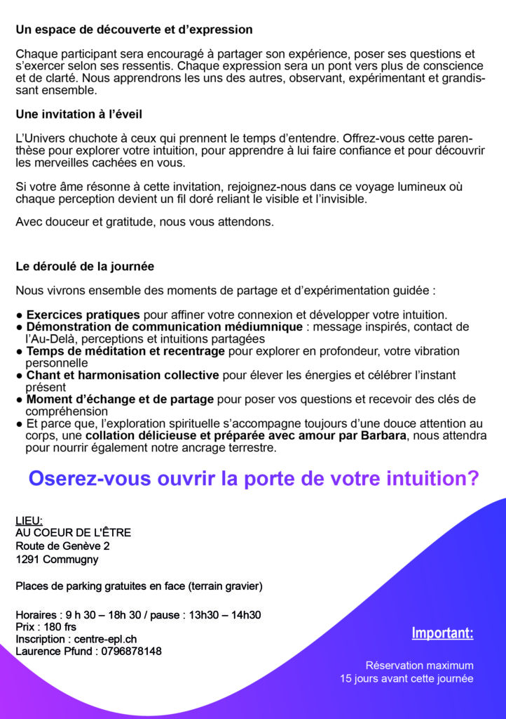 Médiumnité à Versoix formation de médiumnité Centre EPL Laurence Pfund